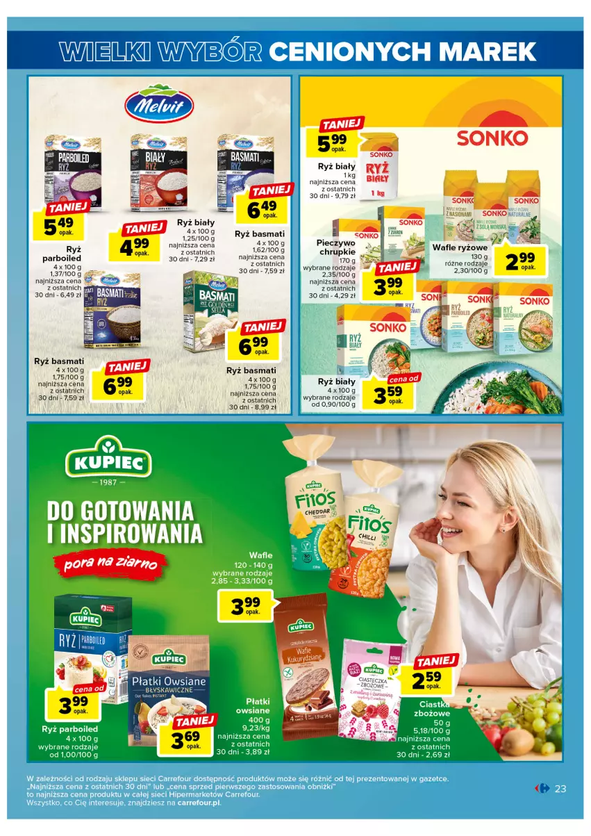 Gazetka promocyjna Carrefour - Gazetka Wielki wybór cenionych marek - ważna 11.04 do 22.04.2023 - strona 23 - produkty: Chrupki, Piec, Pieczywo, Por, Ryż, Ryż basmati, Ryż biały, Ryż parboiled, Sonko, Wafle