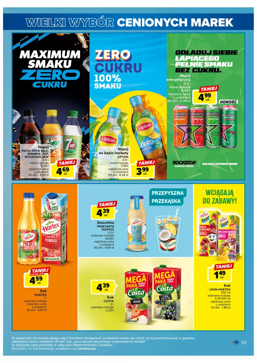 Gazetka promocyjna Carrefour - Gazetka Wielki wybór cenionych marek - ważna 11.04 do 22.04.2023 - strona 33 - produkty: 7up, Hortex, Leon, Lipton, Mirinda, Napój, Pepsi, Pepsi max, Ser, Smoothie, Sok