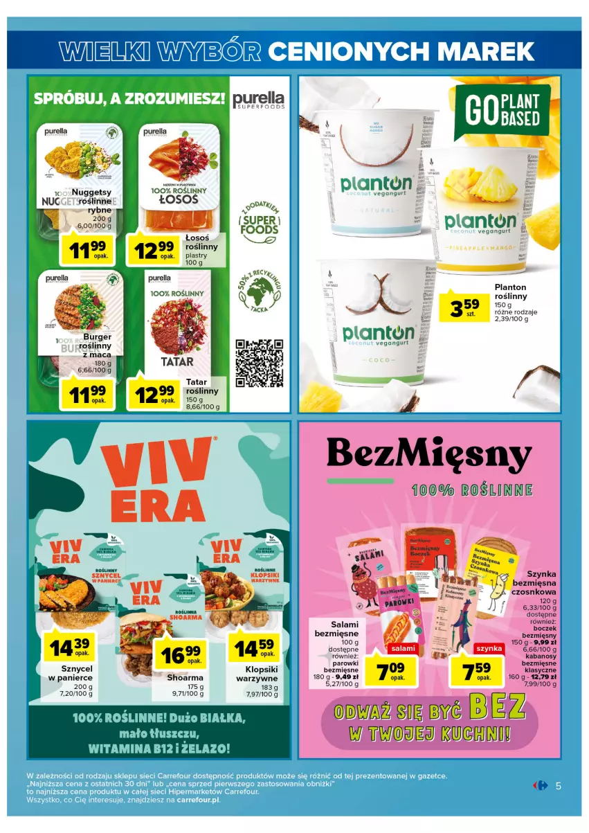 Gazetka promocyjna Carrefour - Gazetka Wielki wybór cenionych marek - ważna 11.04 do 22.04.2023 - strona 5 - produkty: Boczek, Burger, Kabanos, Klopsiki, Mango, Pur, Roślinny burger, Salami, Shoarma, Szynka, Vegangurt