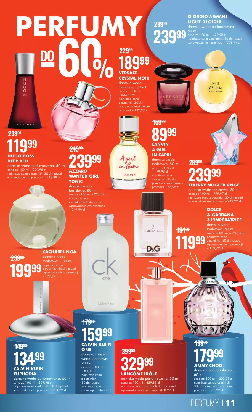 Gazetka promocyjna Super Pharm - Gazetka - ważna 26.01 do 06.02.2023 - strona 11 - produkty: Azzaro, Cacharel, Calvin Klein, Giorgio Armani, Hugo Boss, Jimmy Choo, Lancôme, Lanvin, Perfum, Thierry Mugler, Versace, Woda, Woda perfumowana, Woda toaletowa