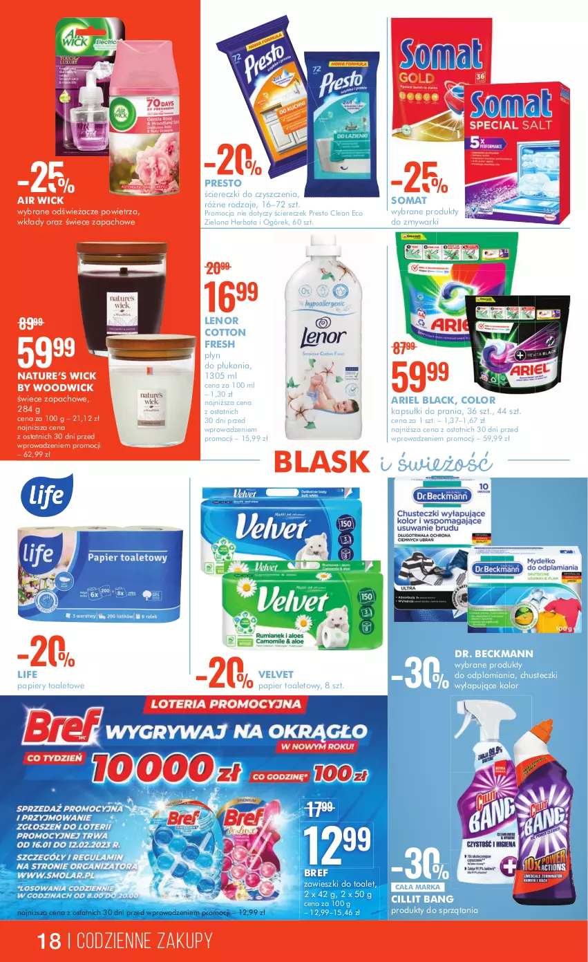 Gazetka promocyjna Super Pharm - Gazetka - ważna 26.01 do 06.02.2023 - strona 18 - produkty: Air Wick, Ariel, Bref, Chusteczki, Cillit Bang, Herbata, Kapsułki do prania, Lack, Lenor, Ogórek, Papier, Papier toaletowy, Płyn do płukania, Presto, Somat, Velvet, Zawieszki, Zmywarki