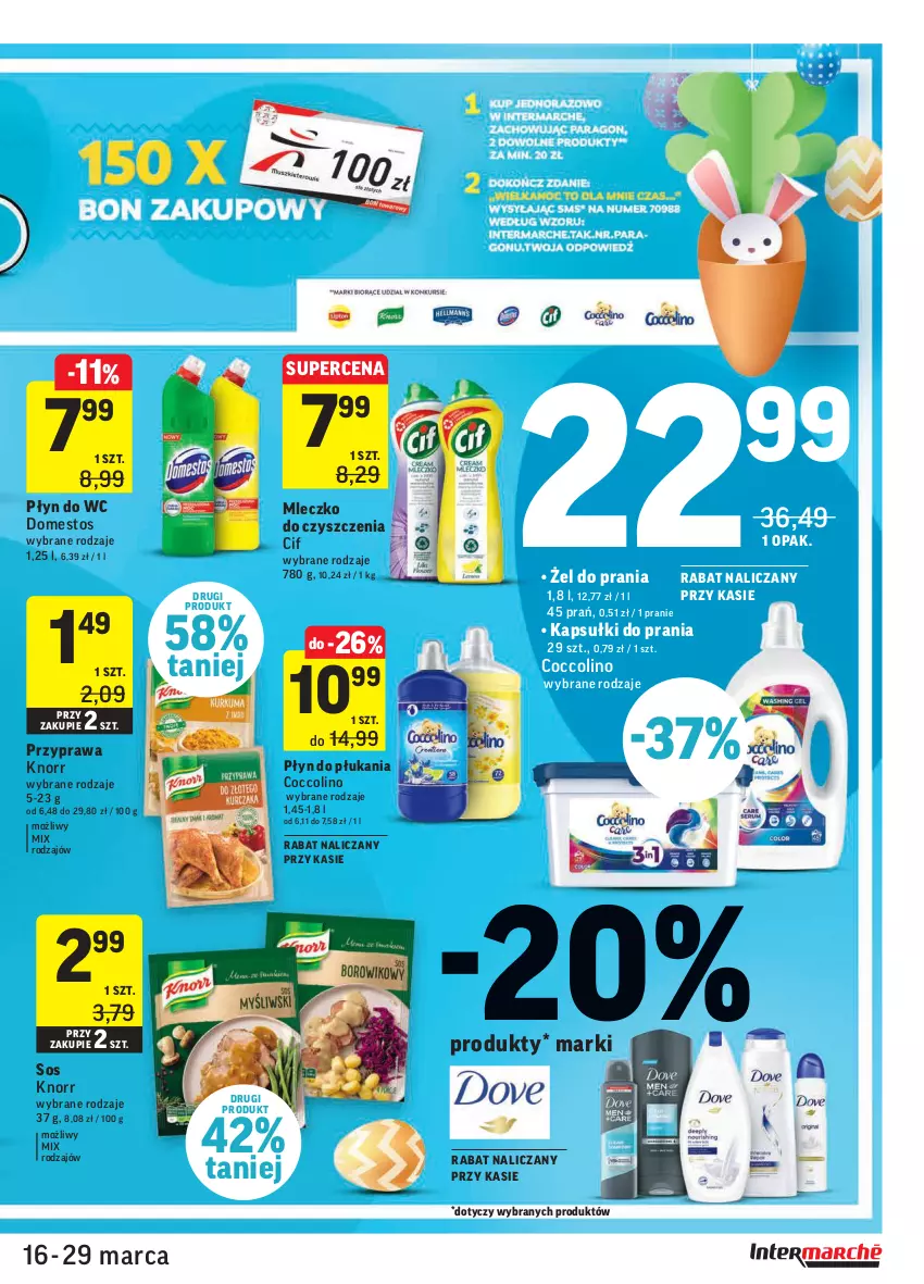 Gazetka promocyjna Intermarche - Wielkanoc I - ważna 16.03 do 22.03.2021 - strona 37 - produkty: Cif, Coccolino, Domestos, Kapsułki do prania, Knorr, Mleczko, Płyn do płukania, Płyn do wc, Sos