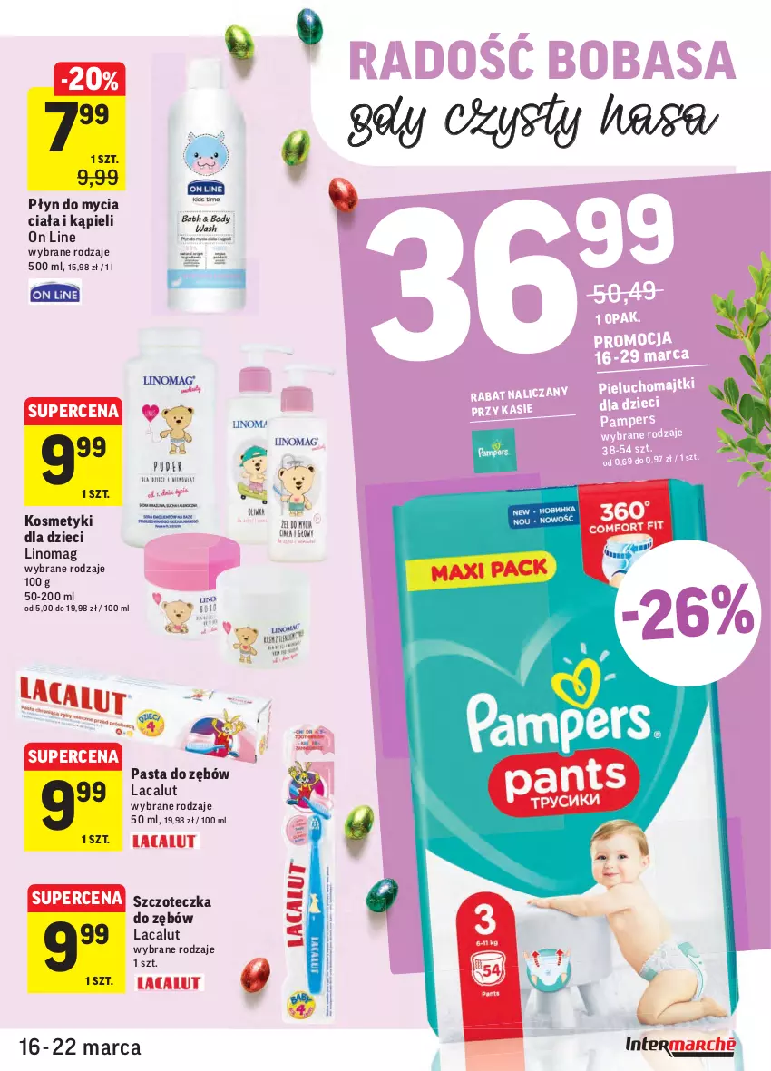 Gazetka promocyjna Intermarche - Wielkanoc I - ważna 16.03 do 22.03.2021 - strona 39 - produkty: Dzieci, Kosmetyki dla dzieci, Lacalut, Linomag, Majtki, Pampers, Pasta do zębów, Pieluchomajtki, Płyn do mycia, Szczoteczka