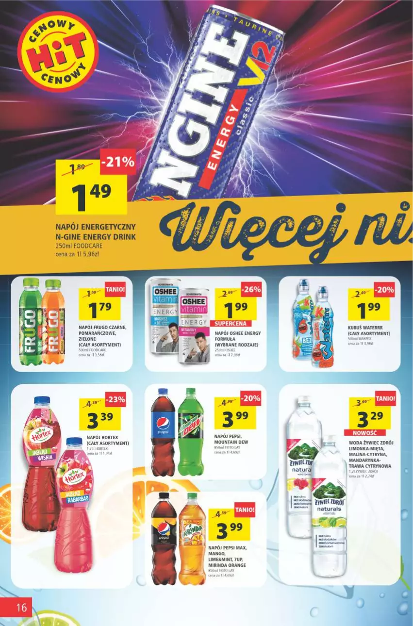 Gazetka promocyjna Arhelan - Gazetka - ważna 07.05 do 16.05.2021 - strona 16 - produkty: 7up, Fa, Gin, Hortex, Kubuś, Kubuś Waterrr, Limonka, Mango, Mięta, Mirinda, Napój, Napój energetyczny, Oshee, Pepsi, Pepsi max, Por, Woda