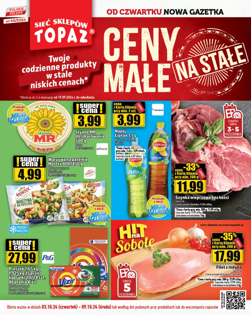 Gazetka promocyjna Topaz - Gazetka - ważna 03.10 do 09.10.2024 - strona 1 - produkty: Hortex, Napój, Ogród, Szynka, Top, Vizir, Warzywa