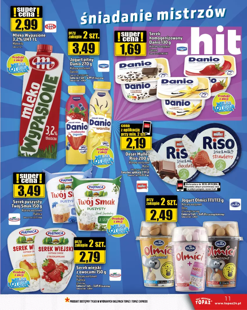 Gazetka promocyjna Topaz - Gazetka - ważna 03.10 do 09.10.2024 - strona 11 - produkty: Danio, Danone, Jogurt, Piątnica, Ser, Serek, Serek wiejski, Top