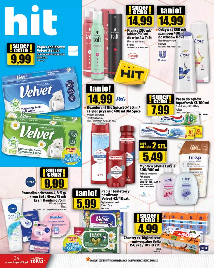 Gazetka promocyjna Topaz - Gazetka - ważna 03.10 do 09.10.2024 - strona 24 - produkty: Aquafresh, Bell, Bella, Dezodorant, Dove, Lakier, Luksja, Mydło, Nivea, Odżywka, Pasta do zębów, Rum, Szampon, Taft, Top, Velvet