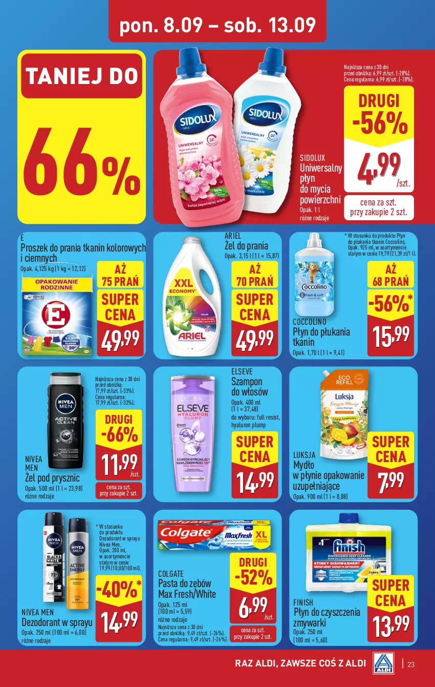 Gazetka promocyjna Aldi - Pełna oferta - ważna 08.09 do 13.09.2025 - strona 23 - produkty: Ariel, Coccolino, Colgate, Dezodorant, Elseve, Finish, LG, Luksja, Mydło, Mydło w płynie, Nivea, Nivea Men, Pasta do zębów, Płyn do mycia, Płyn do płukania, Proszek do prania, Sidolux, Szampon, Zmywarki