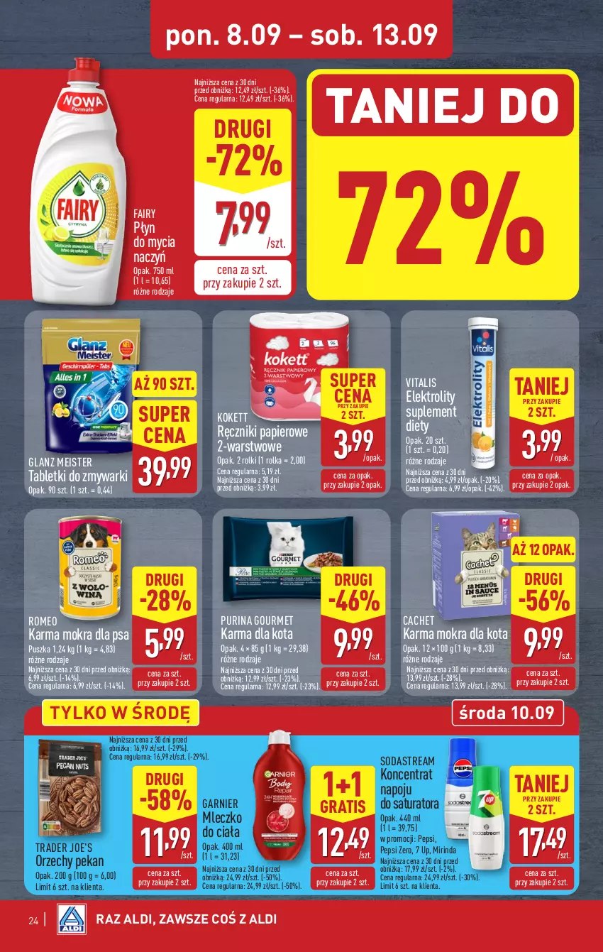 Gazetka promocyjna Aldi - Pełna oferta - ważna 08.09 do 13.09.2025 - strona 24 - produkty: Do mycia naczyń, Fa, Fairy, Garnier, Gra, Mirinda, Mleczko, Mleczko do ciała, Papier, Pepsi, Płyn do mycia, Płyn do mycia naczyń, Pur, Purina, Ręcznik, Ręczniki papierowe, Rolki, Suplement diety, Tablet, Tabletki do zmywarki, Zmywarki