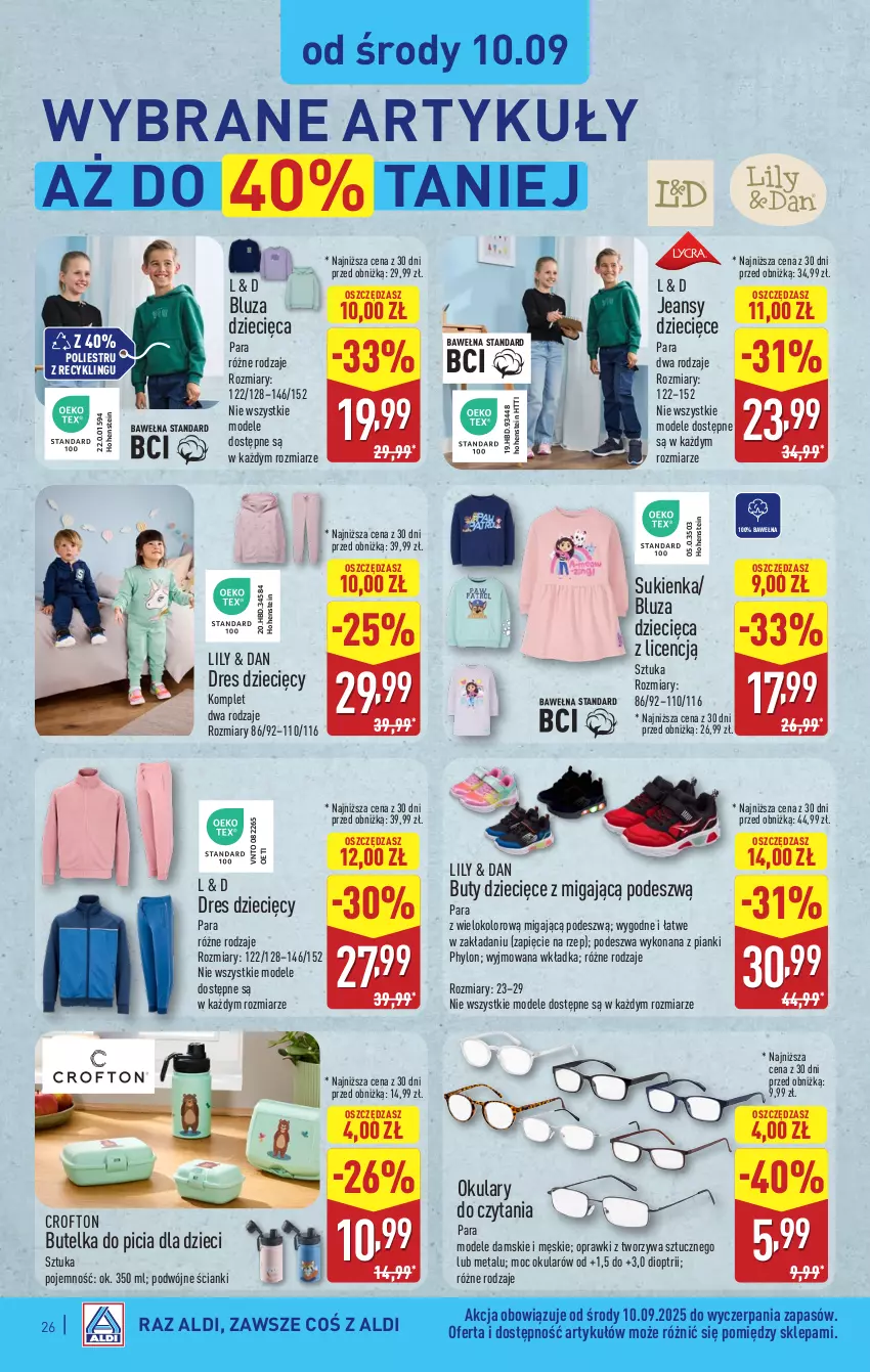 Gazetka promocyjna Aldi - Pełna oferta - ważna 08.09 do 13.09.2025 - strona 26 - produkty: Bluza, Buty, Dres, Dzieci, Okulary do czytania, Sukienka, Wełna