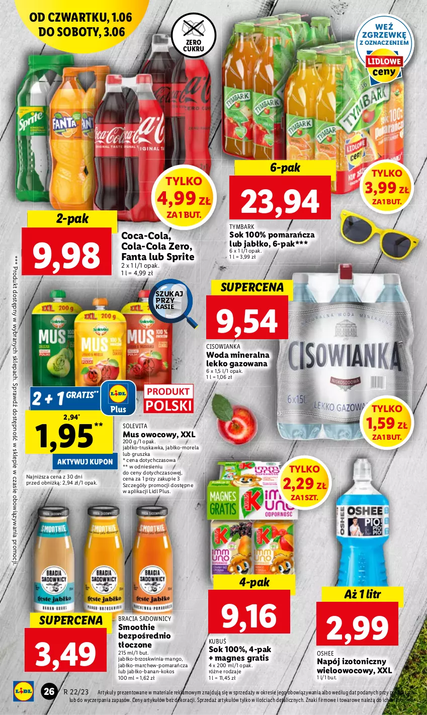 Gazetka promocyjna Lidl - GAZETKA - ważna 01.06 do 03.06.2023 - strona 34 - produkty: Cisowianka, Coca-Cola, Fa, Fanta, Gra, Kokos, Mango, Morela, Mus, Napój, Napój izotoniczny, Oshee, Smoothie, Sok, Sprite, Tymbark, Woda, Woda mineralna