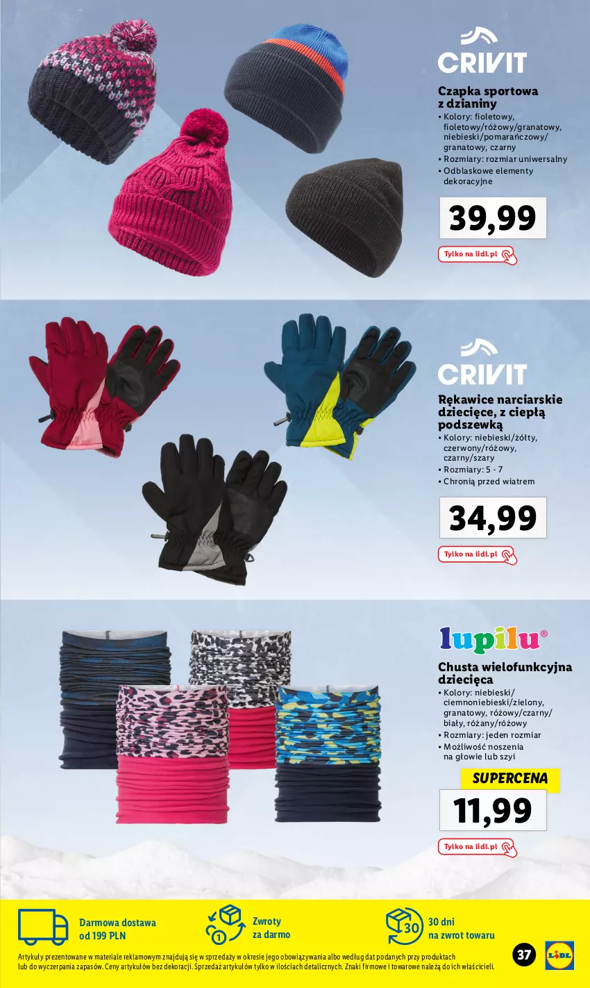 Gazetka promocyjna Lidl - KATALOG MODA SKI - ważna 01.11 do 31.12.2023 - strona 37 - produkty: Chusta, Czapka, Dzieci, Gra, Granat, Por, Rękawice, Róża, Sport