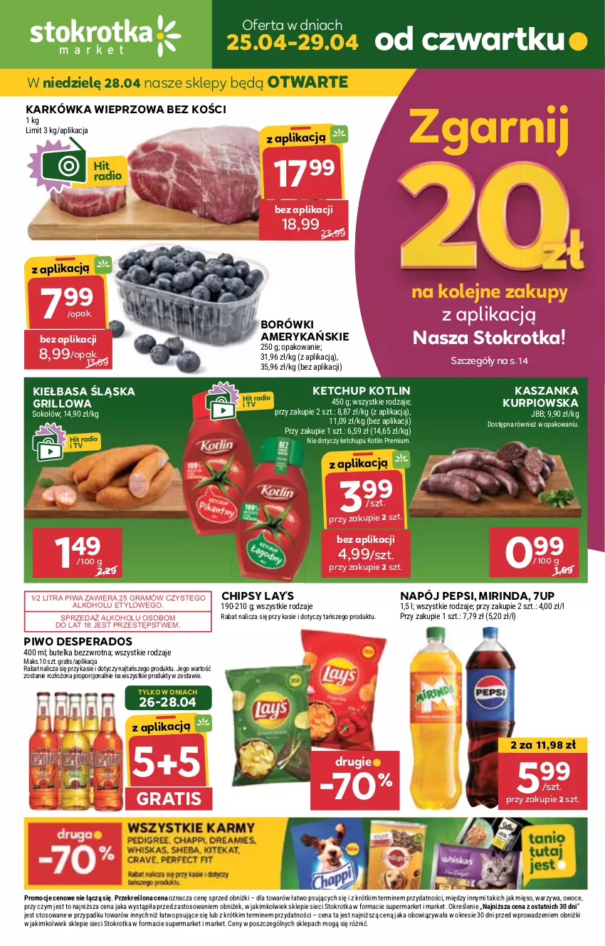 Gazetka promocyjna Stokrotka - Market - ważna 25.04 do 29.04.2024 - strona 1 - produkty: 7up, Chipsy, Desperados, Gra, Grill, Karkówka wieprzowa, Kasza, Kaszanka, Ketchup, Kiełbasa, Kiełbasa śląska, Kotlin, Lay’s, Mięso, Mirinda, Napój, Olej, Owoce, Pepsi, Piwa, Piwo, Por, Sok, Sokołów, Warzywa