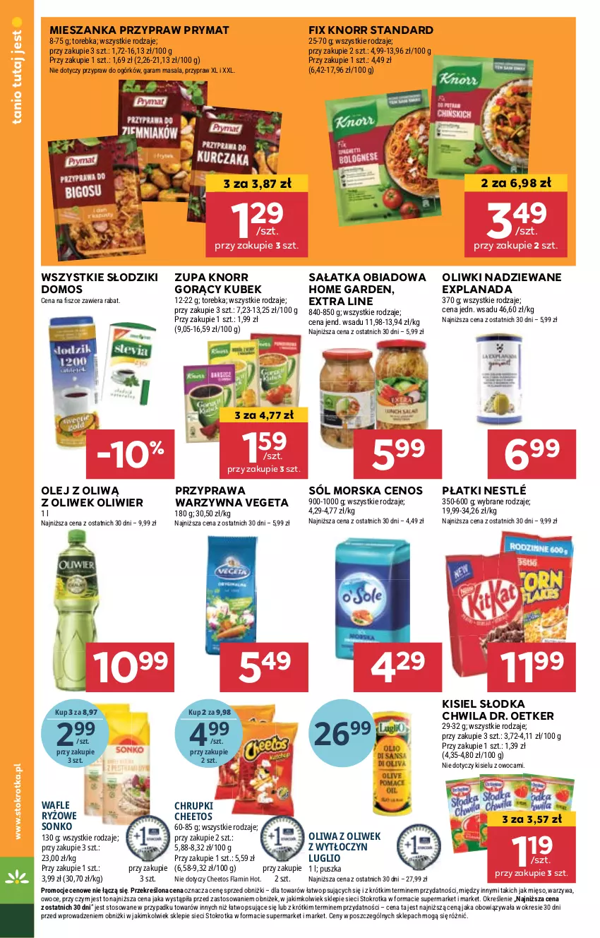 Gazetka promocyjna Stokrotka - Market - ważna 25.04 do 29.04.2024 - strona 18 - produkty: Cenos, Cheetos, Chrupki, Dr. Oetker, Kisiel, Knorr, Kubek, LANA, Mięso, Nestlé, Olej, Oliwa z oliwek, Oliwki, Owoce, Prymat, Ryż, Sałat, Sałatka, Słodka Chwila, Sól, Sonko, Torebka, Vegeta, Wafle, Warzywa, Zupa