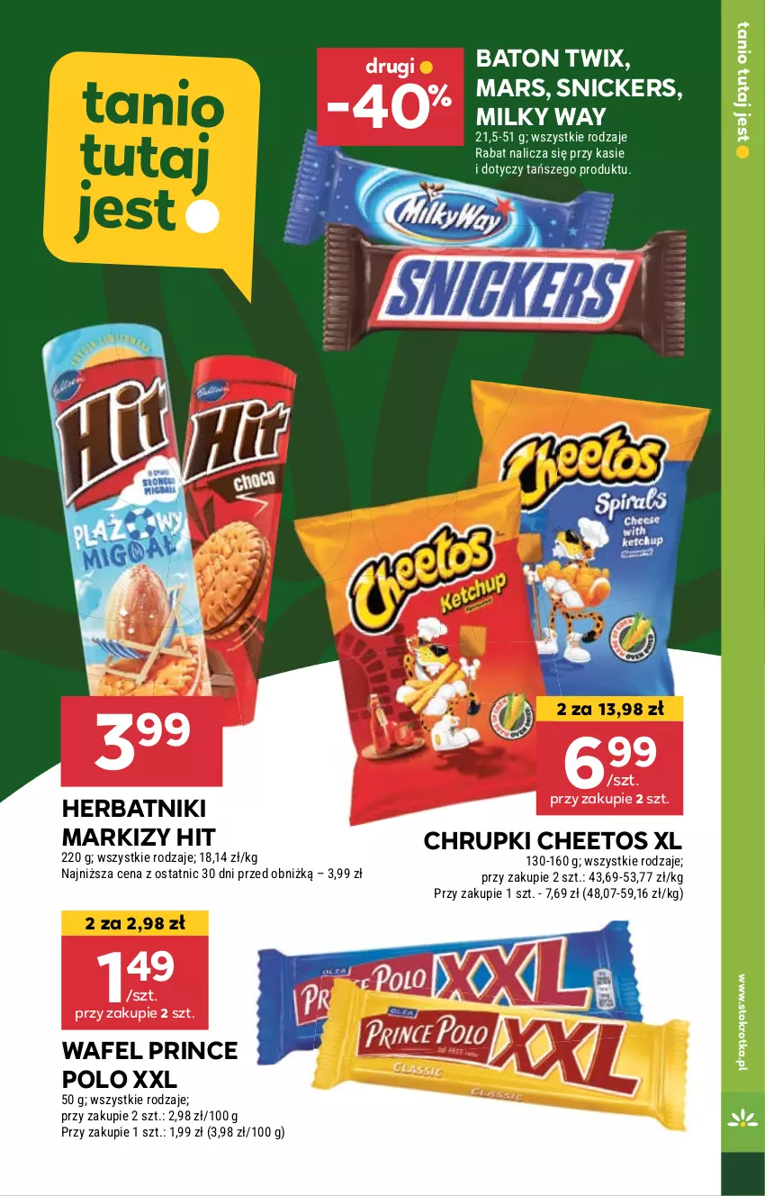 Gazetka promocyjna Stokrotka - Market - ważna 25.04 do 29.04.2024 - strona 21 - produkty: Baton, Cheetos, Chrupki, Herbatniki, Mars, Milky Way, Prince Polo, Snickers, Twix