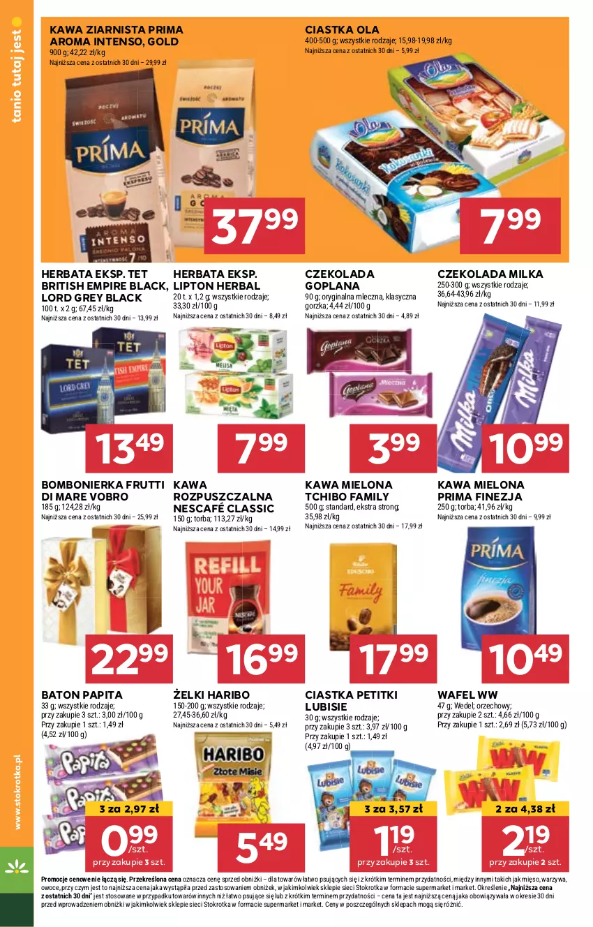 Gazetka promocyjna Stokrotka - Market - ważna 25.04 do 29.04.2024 - strona 22 - produkty: Baton, Brit, Ciastka, Czekolada, Fa, Gin, Goplana, Haribo, Herbata, Kawa, Kawa mielona, Kawa ziarnista, Lack, LANA, Lipton, Lubisie, Mięso, Milka, Nescafé, Owoce, Prima, Tchibo, Tchibo Family, Torba, Warzywa