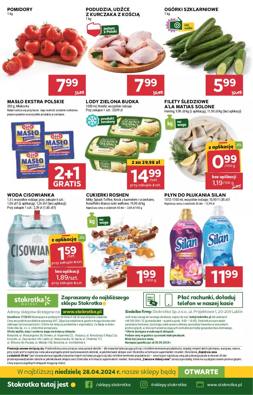 Gazetka promocyjna Stokrotka - Market - ważna 25.04 do 29.04.2024 - strona 28 - produkty: Cisowianka, Cukier, Cukierki, Dres, Gra, JBL, Karp, Kosz, Kurczak, Lody, Masło, Mięso, Mleko, Mlekovita, Nestlé, O nas, Owoce, Płyn do płukania, Pomidory, Por, Rurki, Ser, Silan, Szal, Telefon, Wagi, Warzywa, Wilson, Woda, Zielona Budka