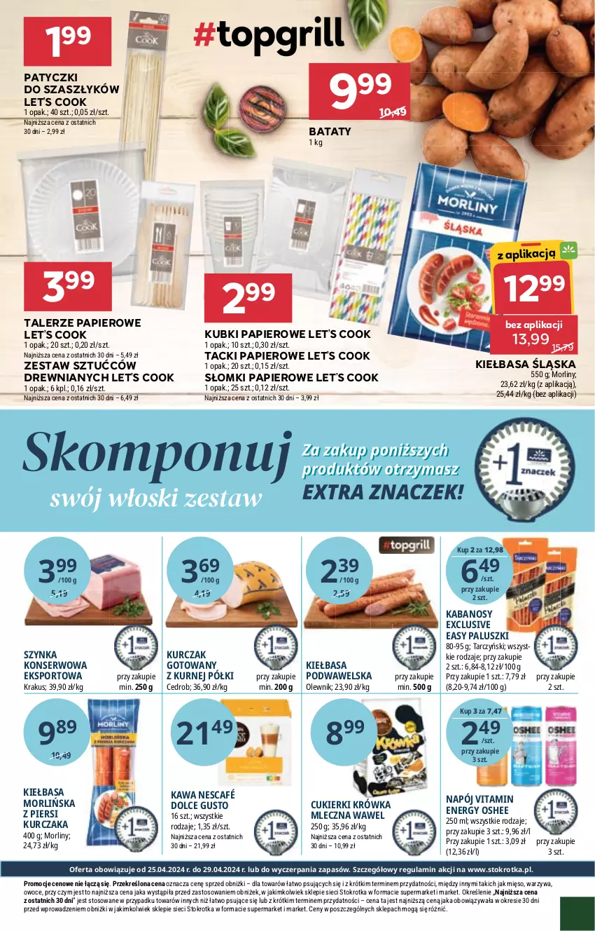 Gazetka promocyjna Stokrotka - Market - ważna 25.04 do 29.04.2024 - strona 6 - produkty: Cukier, Cukierki, Dolce Gusto, Kabanos, Kawa, Kiełbasa, Kiełbasa podwawelska, Kiełbasa śląska, Krakus, Kurczak, Kurczak gotowany, Mięso, Morliny, Napój, Nescafé, Olewnik, Oshee, Owoce, Papier, Por, Ser, Sport, Szynka, Szynka konserwowa, Talerz, Tarczyński, Warzywa, Wawel, Zestaw sztućców