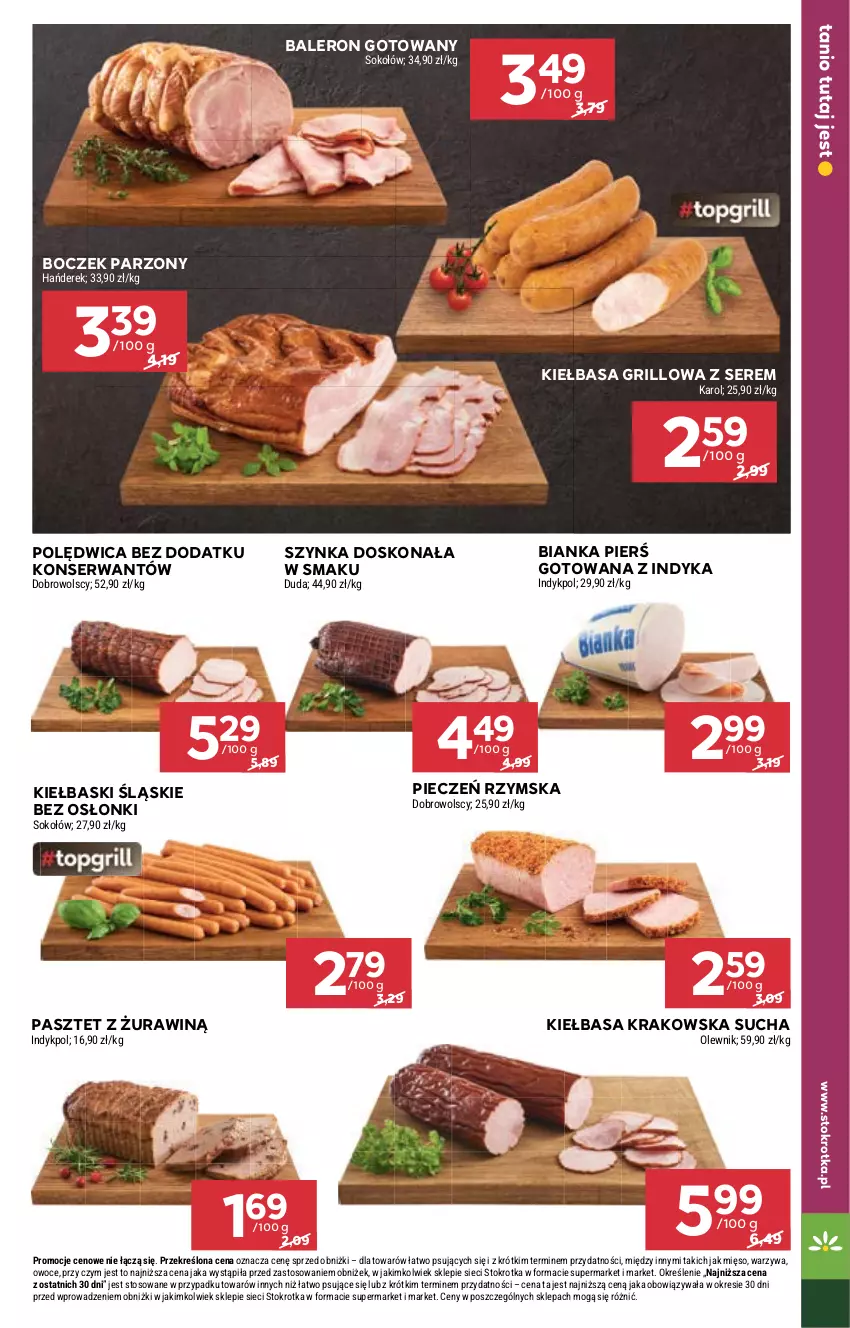 Gazetka promocyjna Stokrotka - Market - ważna 25.04 do 29.04.2024 - strona 9 - produkty: Bianka, Boczek, Duda, Grill, Kiełbasa, Kiełbasa krakowska, Kiełbaski śląskie, Mięso, Olewnik, Owoce, Pasztet, Piec, Pieczeń rzymska, Polędwica, Ser, Sok, Sokołów, Szynka, Warzywa