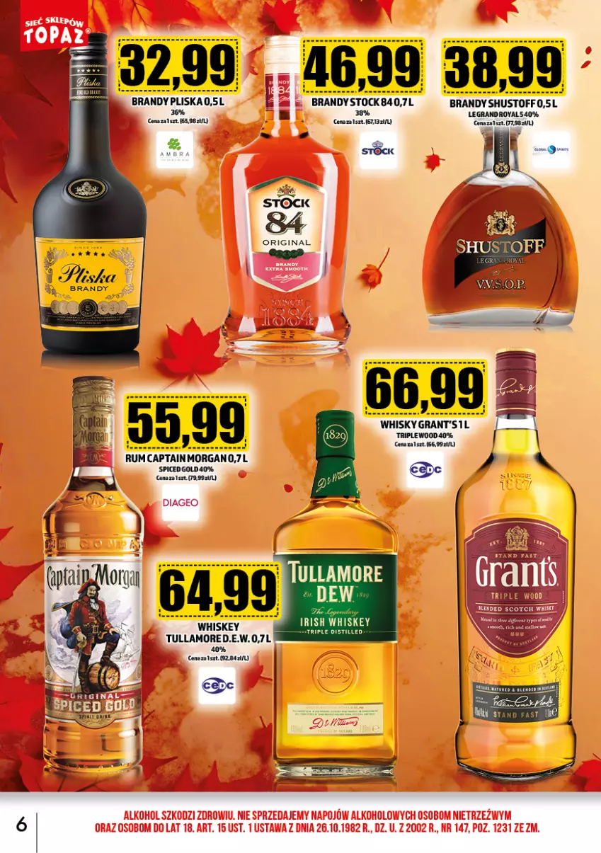 Gazetka promocyjna Topaz - Gazetka - ważna 02.11 do 30.11.2024 - strona 6 - produkty: Brandy, Captain Morgan, Gin, Gra, Grant's, Miska, Rum, Stock, Whisky