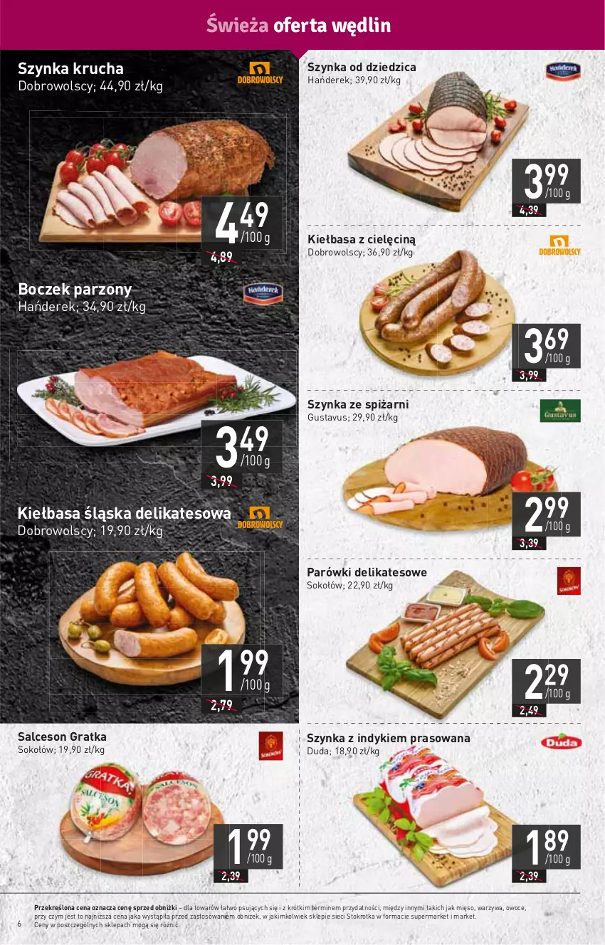 Gazetka promocyjna Stokrotka - Market - ważna 21.09 do 27.09.2023 - strona 10 - produkty: Boczek, Duda, Gra, HP, Kiełbasa, Kiełbasa śląska, Mięso, Owoce, Parówki, Salceson, Sok, Sokołów, Szynka, Warzywa