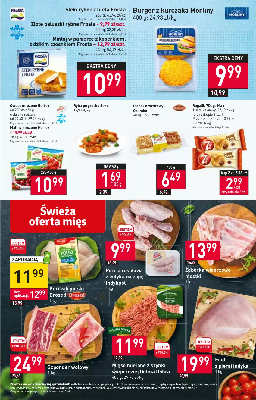 Gazetka promocyjna Stokrotka - Market - ważna 21.09 do 27.09.2023 - strona 11 - produkty: Burger, Filet z piersi indyka, Frosta, Hortex, Kakao, Kurczak, Maliny, Mięso, Mięso mielone, Mięso mielone z szynki, Mintaj, Morliny, Owoce, Paluszki rybne, Por, Rogal, Ryba, Ryba po grecku, SEKO, Stek, Szponder wołowy, Warzywa