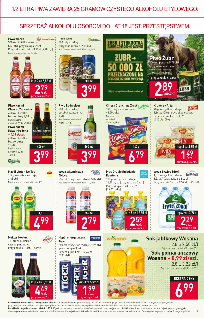 Gazetka promocyjna Stokrotka - Market - ważna 21.09 do 27.09.2023 - strona 18 - produkty: Artur, Chipsy, Crunchips, Dawtona, Gra, Hortex, Ice tea, Karmi, Kawa, Kozel, Krakersy, Lipton, Mięso, Mus, Napój, Napój energetyczny, Nektar, Owoce, Piwa, Piwo, Por, Ser, Sok, Sok jabłkowy, Sok pomarańczowy, Tiger, Warka, Warzywa, Woda, Wosana