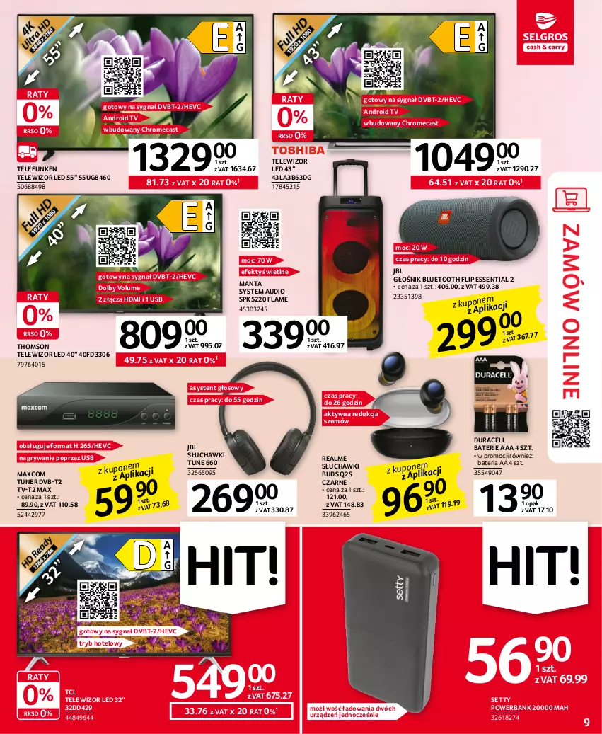 Gazetka promocyjna Selgros - Oferta przemysłowa - ważna 11.04 do 19.04.2023 - strona 9 - produkty: Android TV, Bateria, Duracell, Głośnik, Głośnik bluetooth, Gry, JBL, Manta, Powerbank, Słuchawki, Telewizor, Thomson