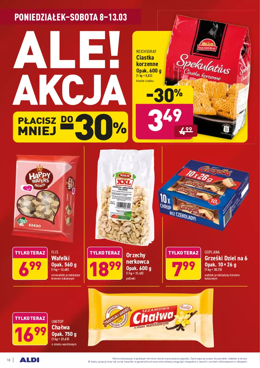 Gazetka promocyjna Aldi - ALE! CENA - ważna 08.03 do 13.03.2021 - strona 18 - produkty: Chałwa, Ciastka, Goplana, Gra, Grześki, Kakao, LANA, Reichsgraf, Tera, Top, Wafelek