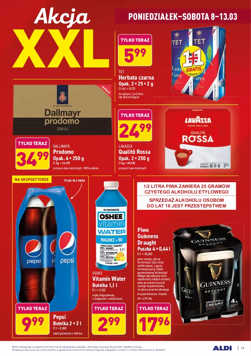 Gazetka promocyjna Aldi - ALE! CENA - ważna 08.03 do 13.03.2021 - strona 19 - produkty: Brit, Dallmayr, Gra, Herbata, Herbata czarna, Lavazza, Magnez, Napój, Napój gazowany, Napój niegazowany, Oshee, Pepsi, Piwa, Piwo, Tera