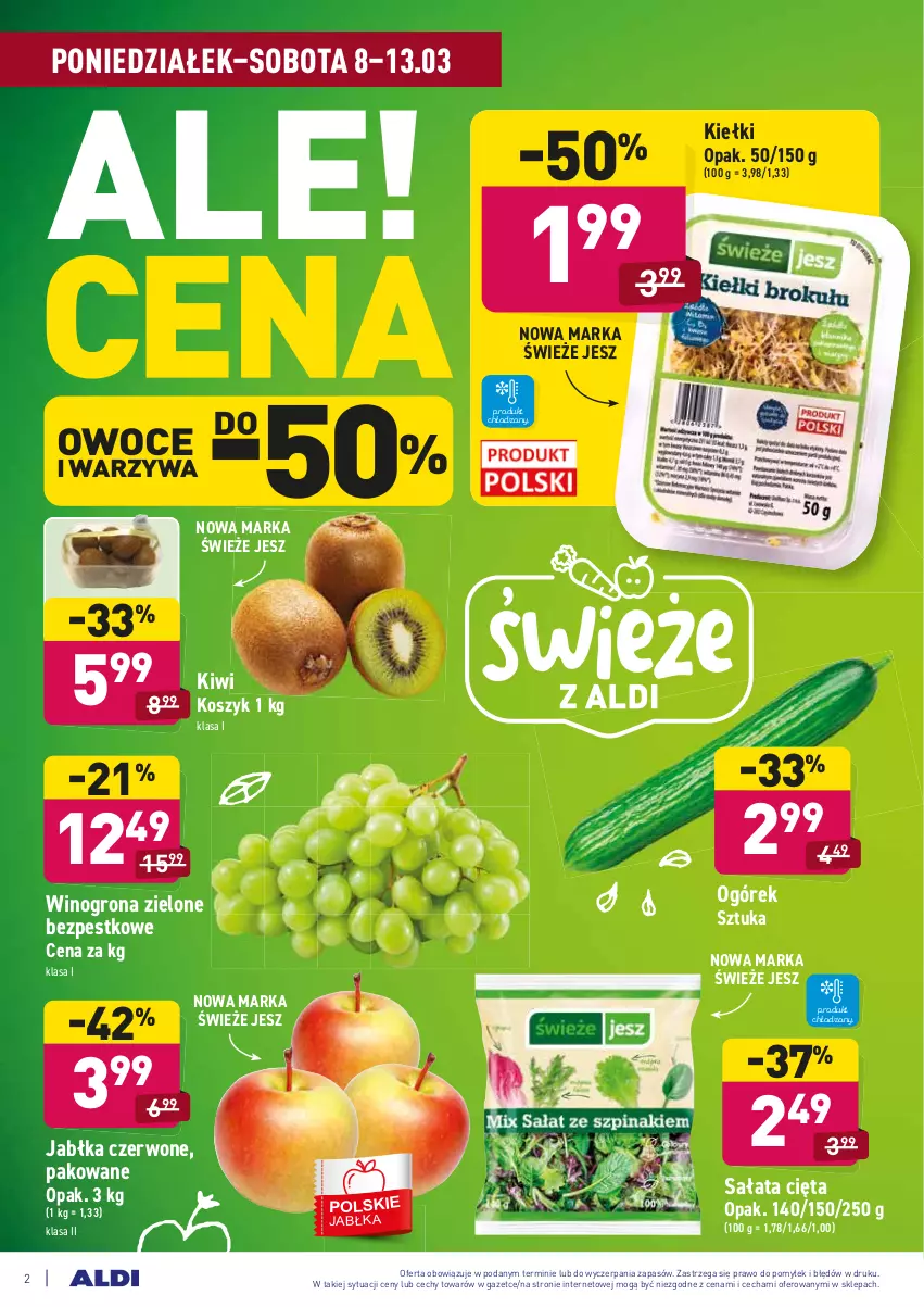 Gazetka promocyjna Aldi - ALE! CENA - ważna 08.03 do 13.03.2021 - strona 2 - produkty: Jabłka, Kiełki, Kiwi, Kosz, Ogórek, Owoce, Sałat, Warzywa, Wino, Winogrona