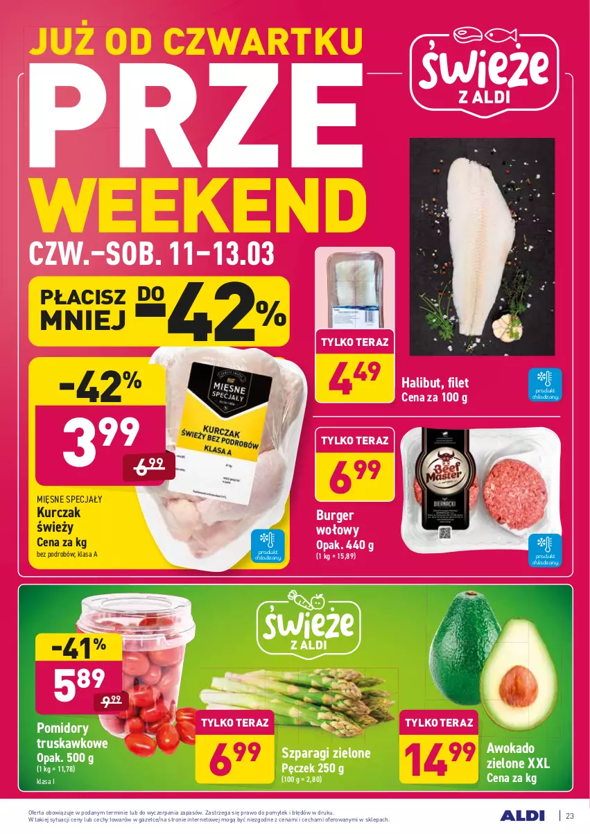 Gazetka promocyjna Aldi - ALE! CENA - ważna 08.03 do 13.03.2021 - strona 23 - produkty: Burger, Halibut, Kurczak, Mięsne specjały, Pomidory, Tera