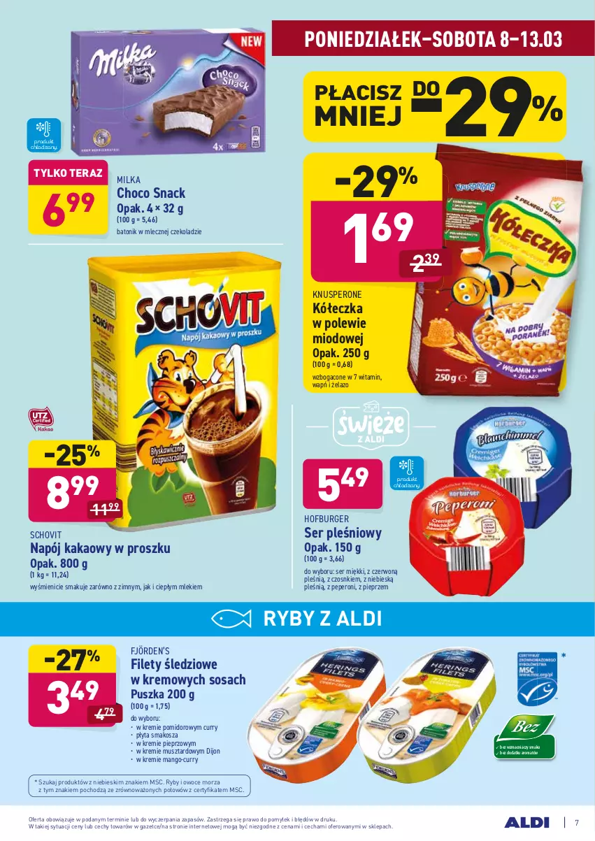 Gazetka promocyjna Aldi - ALE! CENA - ważna 08.03 do 13.03.2021 - strona 7 - produkty: Baton, Burger, Hofburger, Kakao, Kosz, Mango, Milka, Mus, Napój, Owoce, Owoce morza, Pieprz, Płyta, Ryby i owoce morza, Ser, Ser pleśniowy, Sos, Tera, Tonik