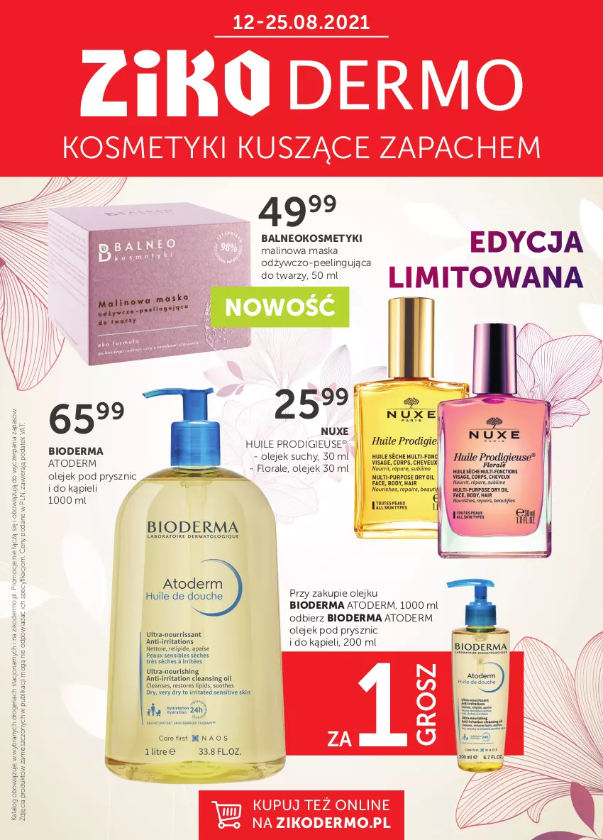 Gazetka promocyjna Ziko - 12-25 SIERPNIA - ważna 12.08 do 25.08.2021 - strona 1 - produkty: Atoderm, Bioderma, Flora, Maska, Nuxe, Olej, Olejek pod prysznic, Peeling