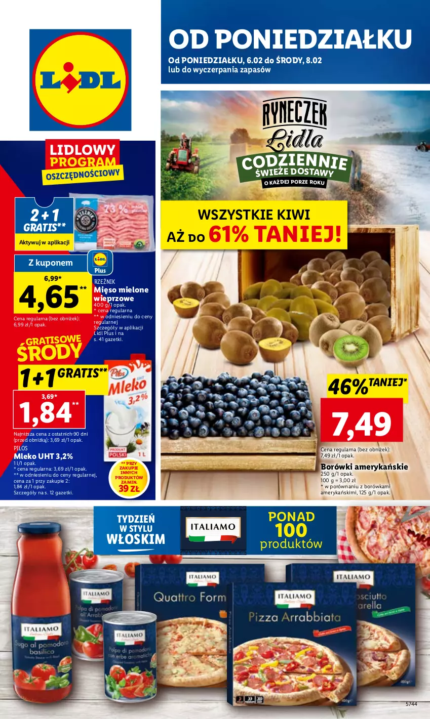 Gazetka promocyjna Lidl - GAZETKA - ważna 06.02 do 08.02.2023 - strona 1 - produkty: Borówka, Gra, Kiwi, Mięso, Mięso mielone, Mleko, Pilos, Por