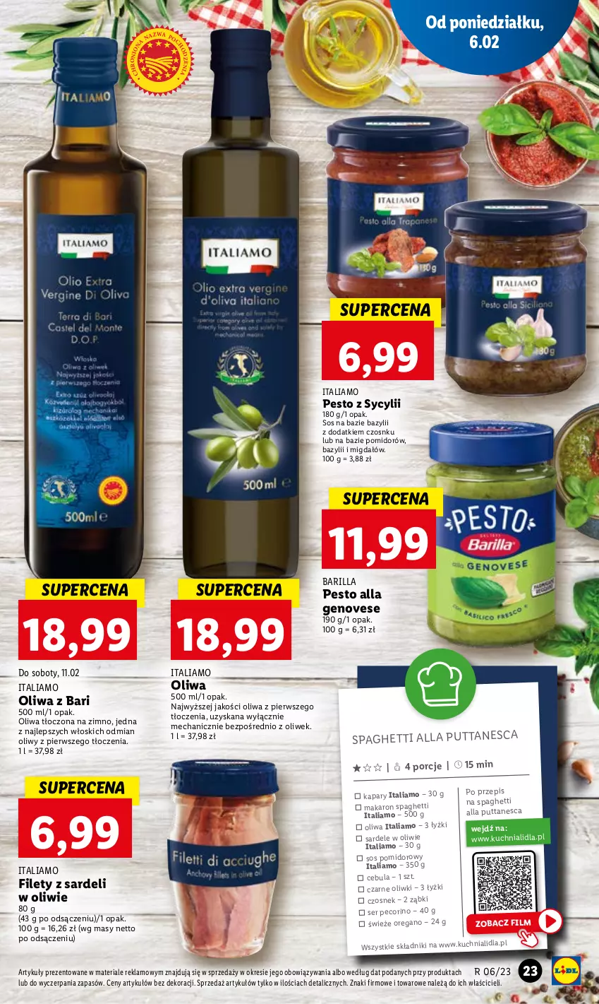 Gazetka promocyjna Lidl - GAZETKA - ważna 06.02 do 08.02.2023 - strona 25 - produkty: Barilla, Bazyl, Cebula, Czosnek, Kapary, Kuchnia, Makaron, Oliwki, Pecorino, Pesto, Por, Ser, Sos, Sos pomidorowy, Spaghetti