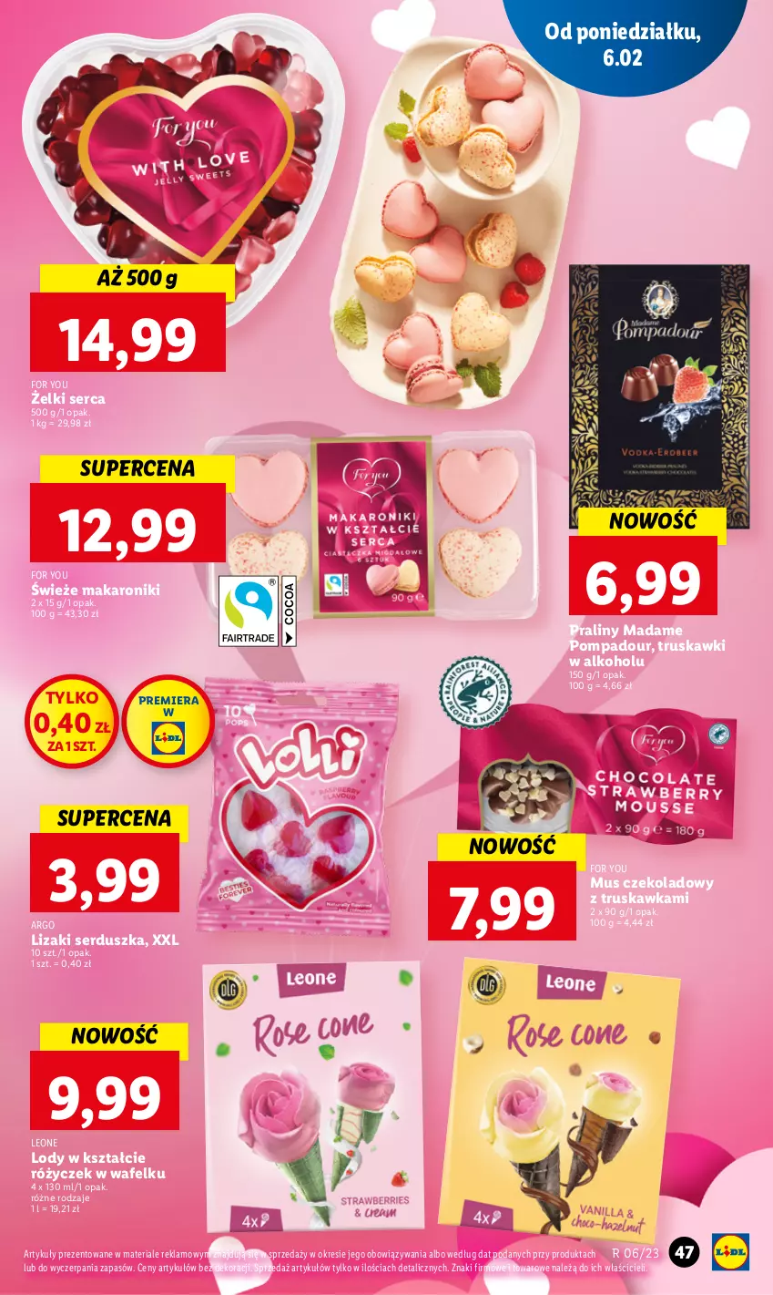 Gazetka promocyjna Lidl - GAZETKA - ważna 06.02 do 08.02.2023 - strona 49 - produkty: Leon, Lizaki, Lody, Makaron, Mus, Praliny, Ser, Truskawki