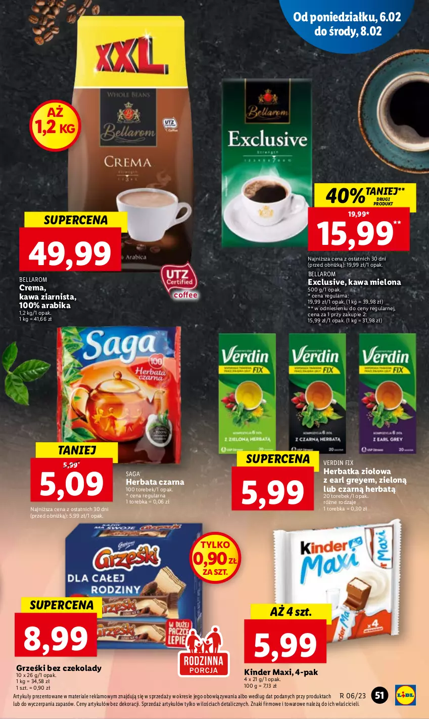 Gazetka promocyjna Lidl - GAZETKA - ważna 06.02 do 08.02.2023 - strona 53 - produkty: Bell, Bella, Earl Grey, Grześki, Herbata, Herbata czarna, Kawa, Kawa mielona, Kawa ziarnista, Kinder, Saga, Torebka