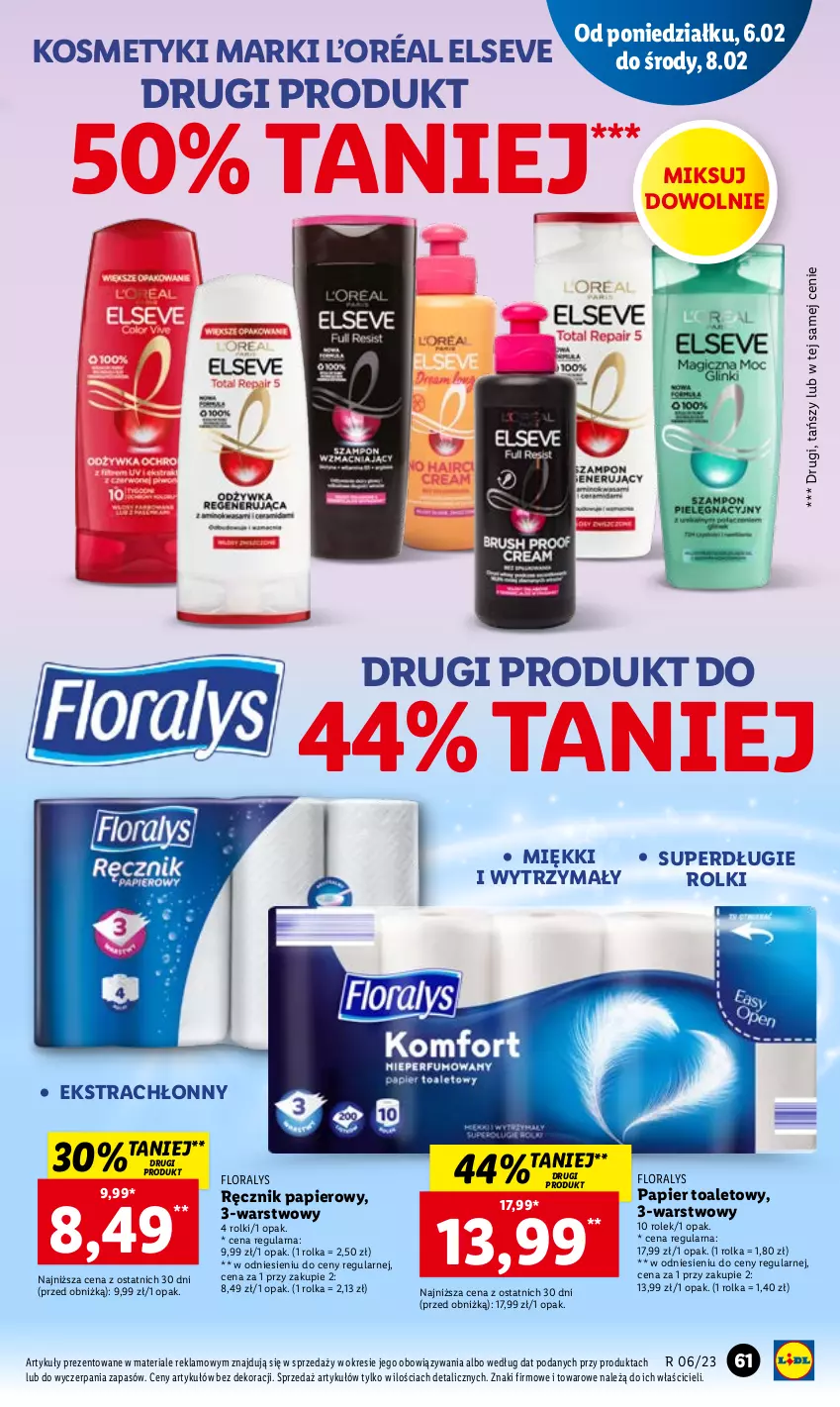 Gazetka promocyjna Lidl - GAZETKA - ważna 06.02 do 08.02.2023 - strona 63 - produkty: Elseve, Flora, L’Oréal, Papier, Papier toaletowy, Ręcznik, Rolki