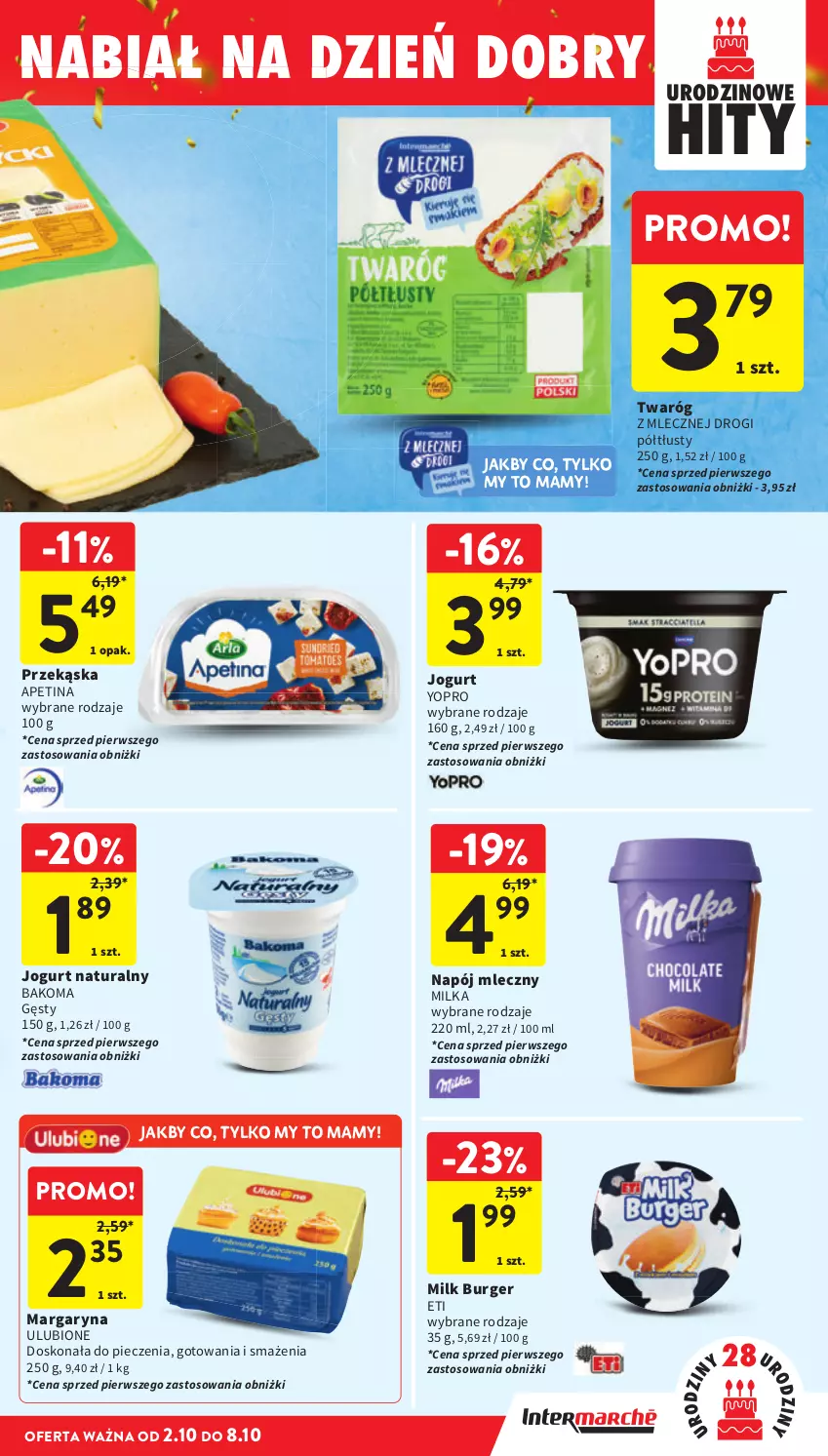 Gazetka promocyjna Intermarche - Gazetka Intermarche - ważna 02.10 do 08.10.2025 - strona 29 - produkty: Bakoma, Burger, Jogurt, Jogurt naturalny, Margaryna, Milka, Napój, Napój mleczny, Piec, Twaróg