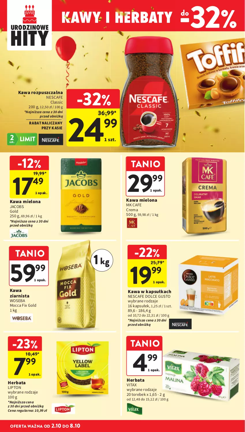 Gazetka promocyjna Intermarche - Gazetka Intermarche - ważna 02.10 do 08.10.2025 - strona 30 - produkty: Dolce Gusto, Herbata, Jacobs, Kawa, Kawa mielona, Kawa rozpuszczalna, Kawa ziarnista, Lipton, Mocca Fix Gold, Vitax, Woseba