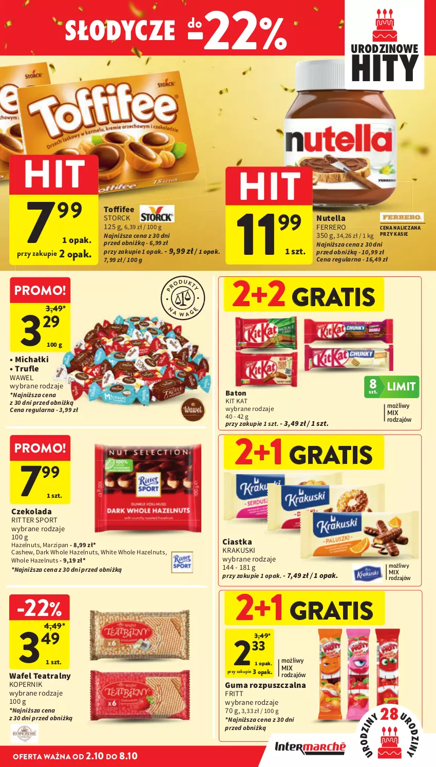 Gazetka promocyjna Intermarche - Gazetka Intermarche - ważna 02.10 do 08.10.2025 - strona 31 - produkty: Baton, Ciastka, Czekolada, Ferrero, Gra, Guma rozpuszczalna, Kit Kat, Krakus, Krakuski, Michałki, Nutella, Por, Ritter Sport, Sport, Wawel