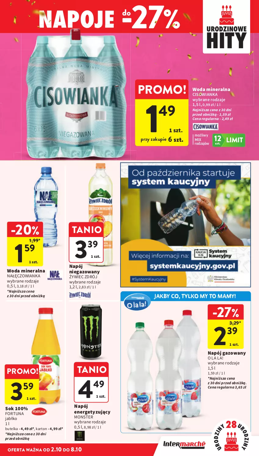 Gazetka promocyjna Intermarche - Gazetka Intermarche - ważna 02.10 do 08.10.2025 - strona 39 - produkty: Cisowianka, Fortuna, Nałęczowianka, Napój, Napój gazowany, Napój niegazowany, Napoje, Sok, Woda, Woda mineralna