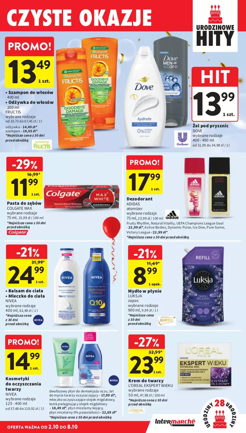 Gazetka promocyjna Intermarche - Gazetka Intermarche - ważna 02.10 do 08.10.2025 - strona 43 - produkty: Adidas, Balsam do ciała, Colgate, Dezodorant, Dove, Fa, Fructis, Goal, Krem do twarzy, LG, Luksja, Makijaż, Mleczko, Mleczko do ciała, Mydło, Mydło w płynie, Nivea, Odżywka, Olej, Pasta do zębów, Płyn micelarny, Pur, Szampon, Tonik