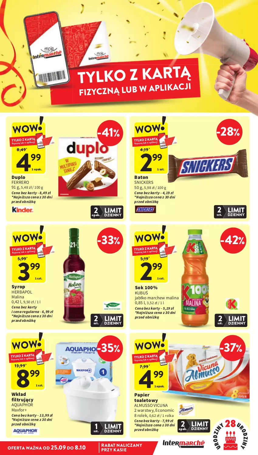 Gazetka promocyjna Intermarche - Gazetka Intermarche - ważna 02.10 do 08.10.2025 - strona 9 - produkty: Aquaphor, Baton, Ferrero, Herbapol, Kubuś, Mus, Papier, Papier toaletowy, Snickers, Sok, Syrop, Wkład filtrujący