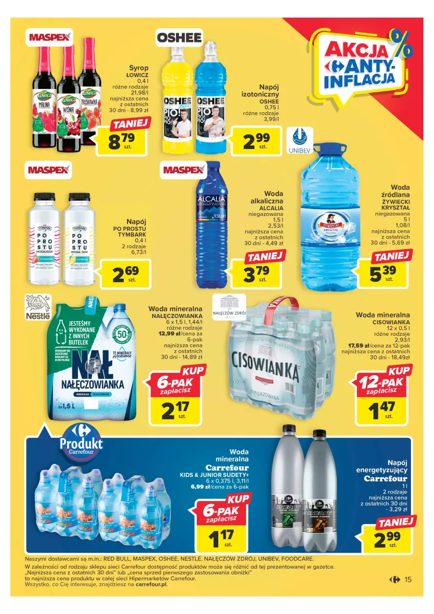 Gazetka promocyjna Carrefour - Gazetka Carrefour - ważna 09.05 do 20.05.2023 - strona 15 - produkty: Cisowianka, LANA, Nałęczowianka, Napój, Oshee, Red Bull, Syrop, Tymbark, Woda, Woda mineralna