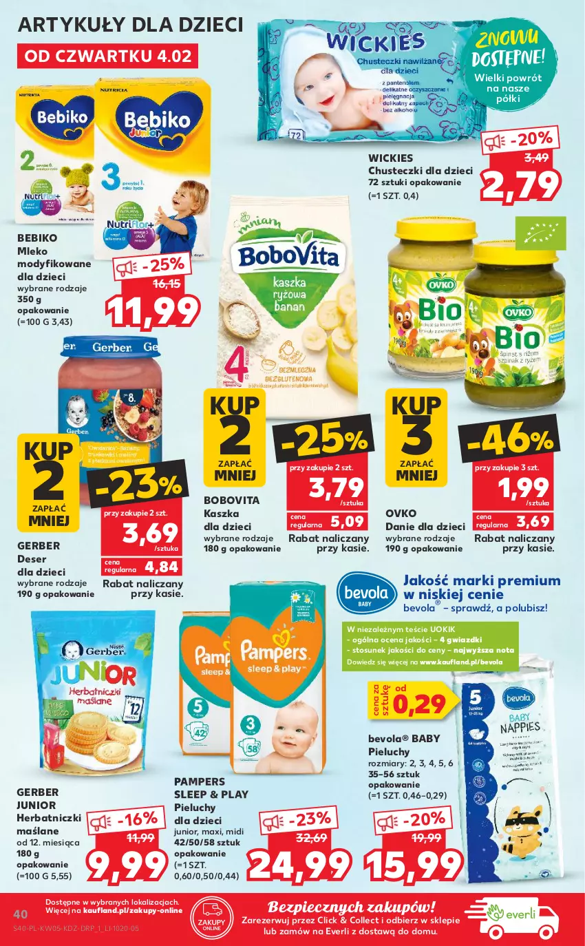 Gazetka promocyjna Kaufland - Promocje - ważna 04.02 do 10.02.2021 - strona 40 - produkty: Bebiko, BoboVita, Chusteczki, Danie dla dzieci, Deser, Dzieci, Gerber, Mleko, Mleko modyfikowane, Pampers, Piec, Pieluchy, Ser