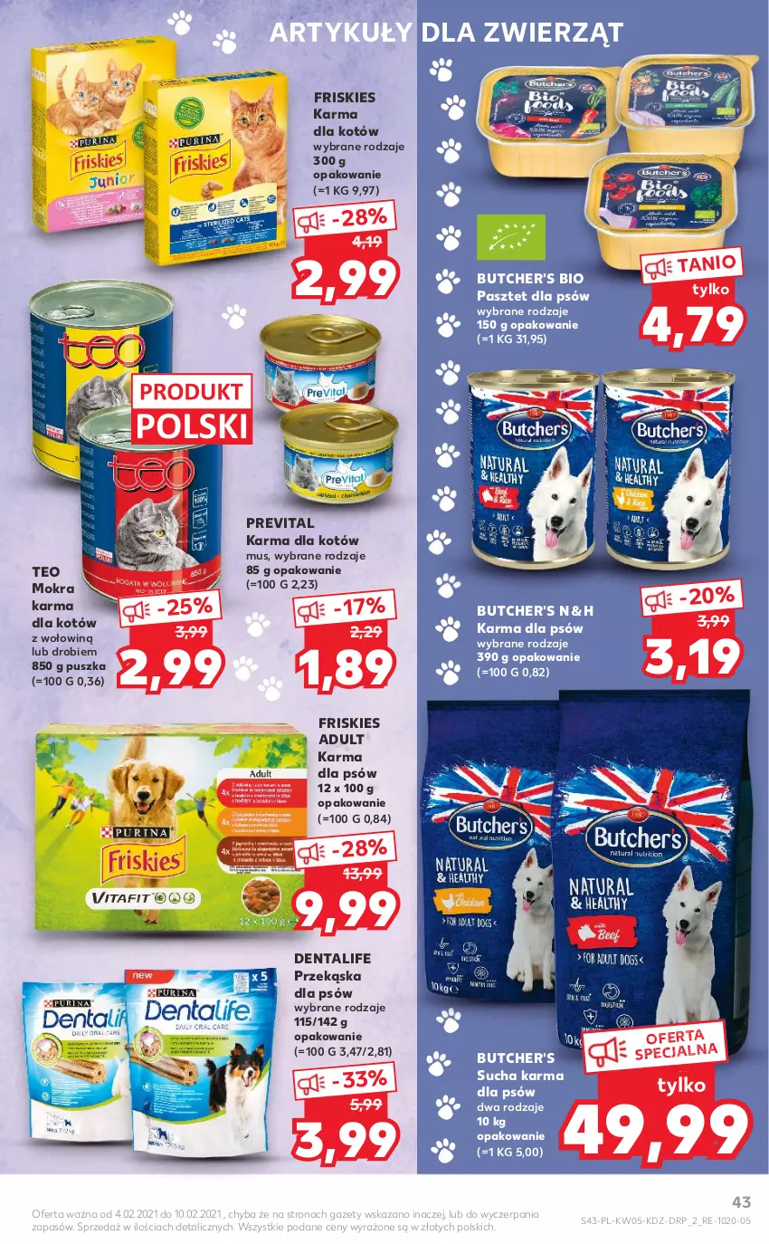 Gazetka promocyjna Kaufland - Promocje - ważna 04.02 do 10.02.2021 - strona 43 - produkty: Butcher's, Friskies, Mokra karma, Mus, Pasztet, Przekąska dla psów, Sucha karma