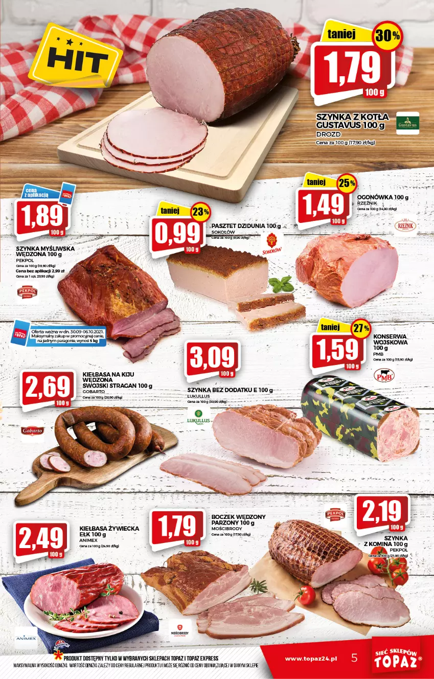 Gazetka promocyjna Topaz - Gazetka - ważna 30.09 do 06.10.2021 - strona 5 - produkty: Boczek, Kiełbasa, Pasztet, Pekpol, Sok, Szynka, Top