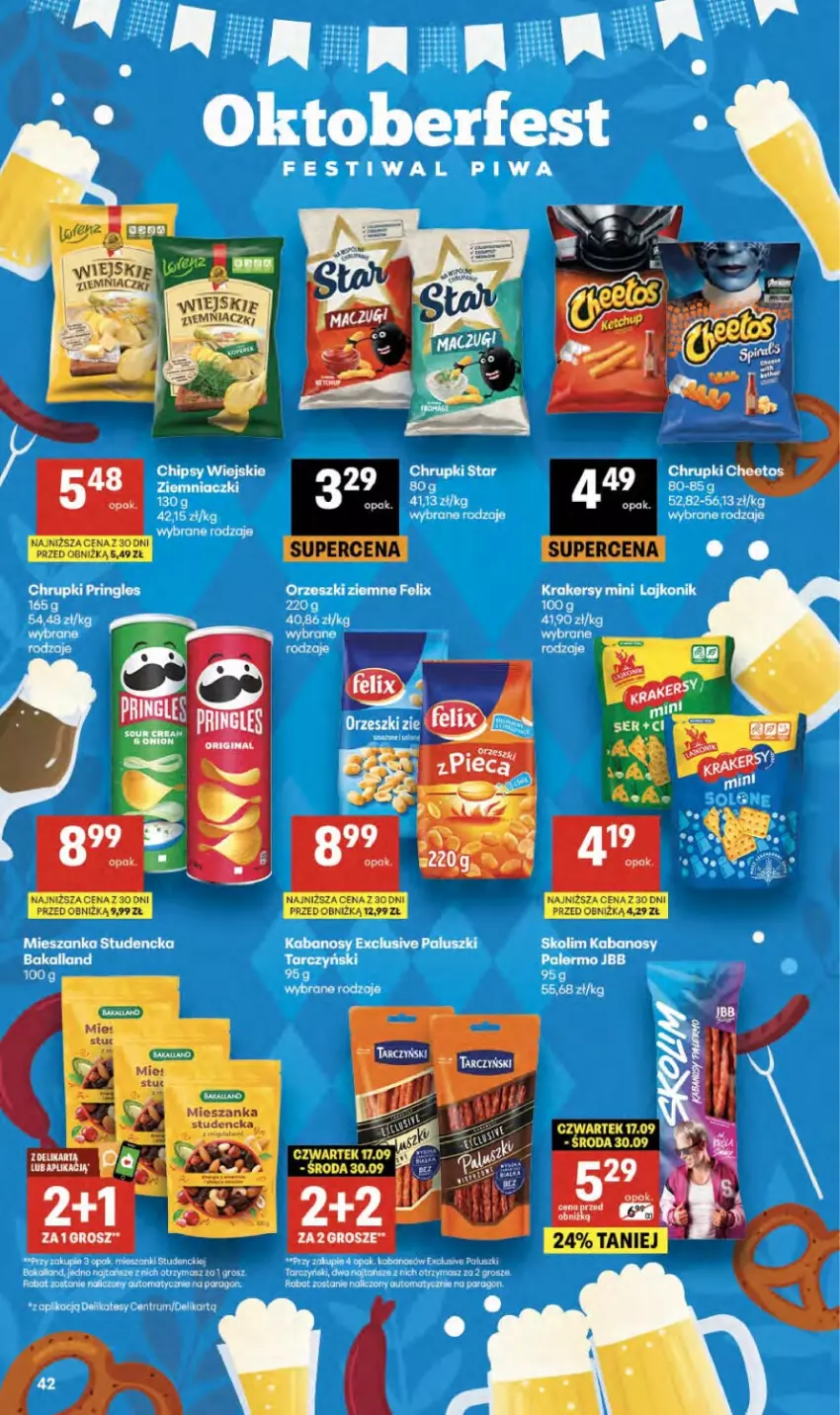 Gazetka promocyjna Delikatesy Centrum - Franczyza DC38 Czwartek - ważna 17.09 do 23.09.2026 - strona 42 - produkty: Cheetos, Chrupki, Felix, Kabanos, Krakersy, Lajkonik, Orzeszki, Orzeszki ziemne, Piwa, Pringles, Robot, Sól, Tarczyński